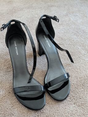 Stuart Weitzman Black Patent Open-Toe Ankle-Strap Heels